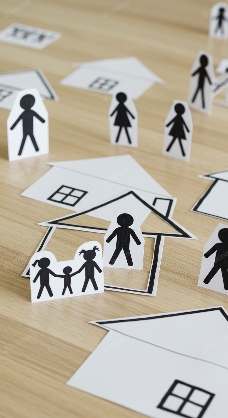 Paper Cutout Houses And Diverse Stick Figures On Wooden Table