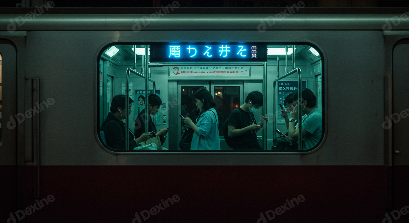 Passengers On A City Subway Train Using Smartphones At Night