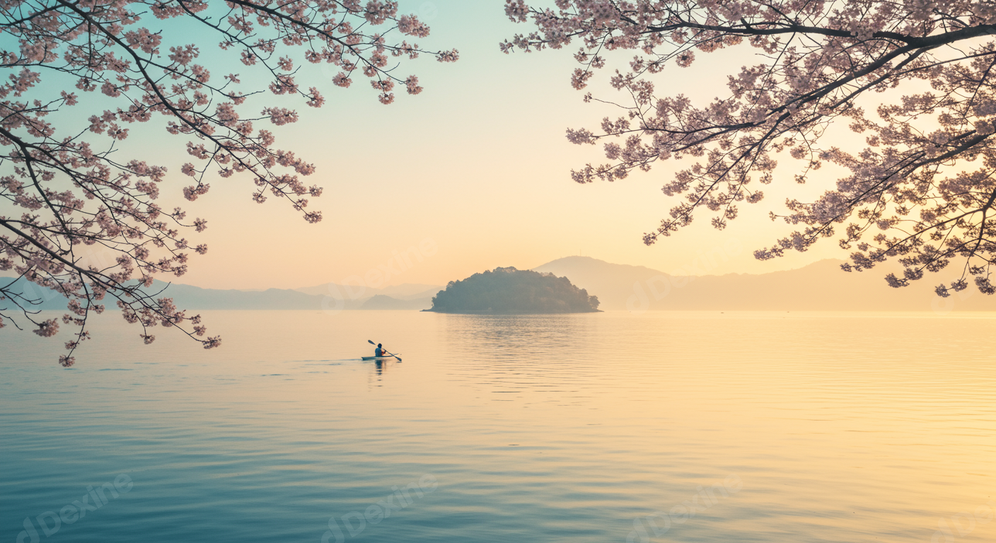 Peaceful Kayaking On Lake At Golden Hour With Cherry Blossoms