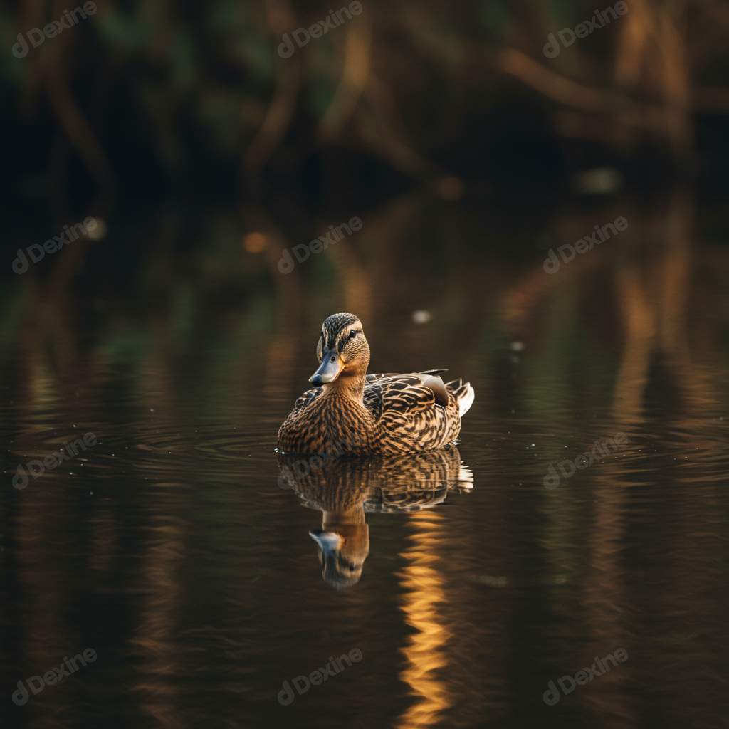 Peaceful Mallard Duck Swimming On Still Water With Reflection