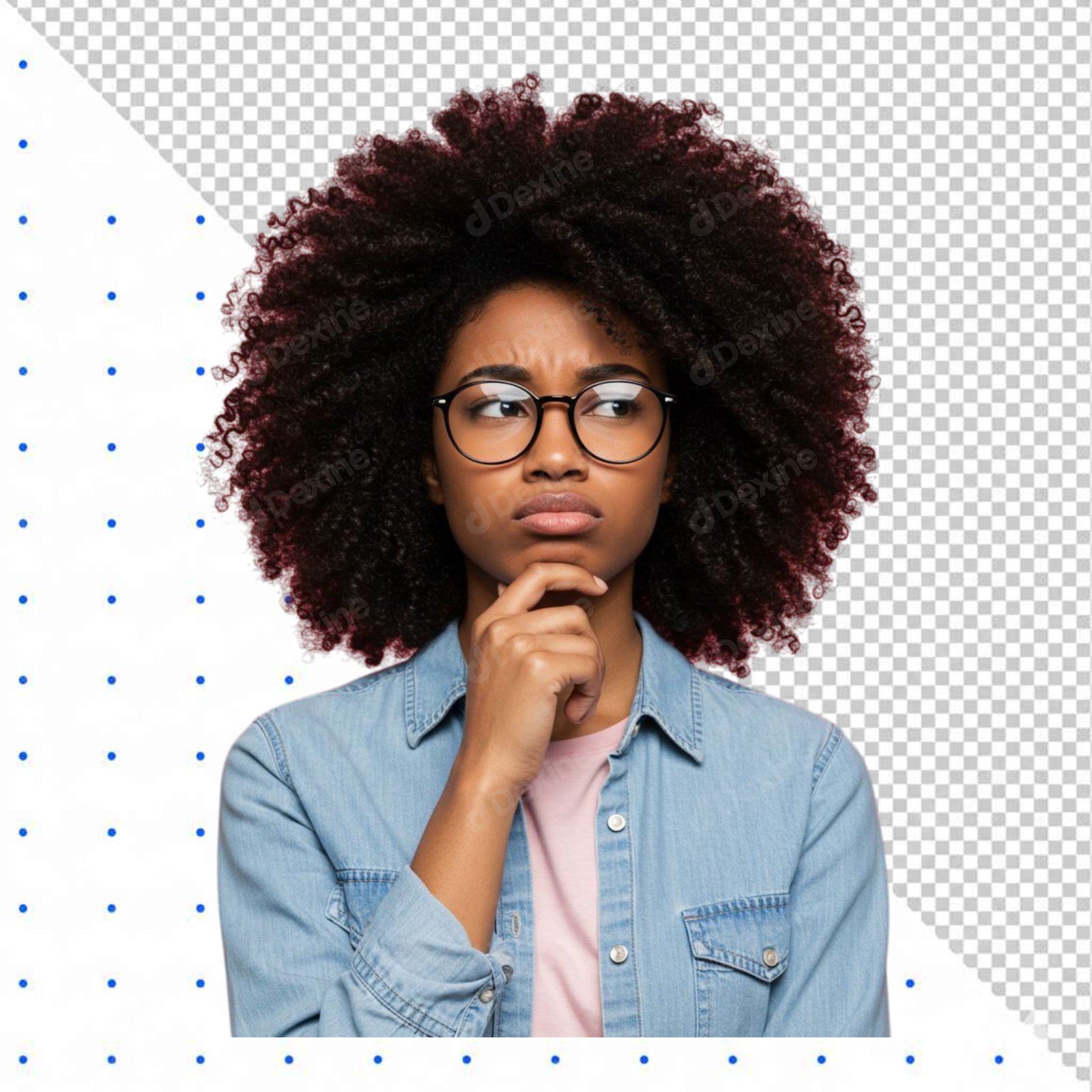 Pensive Young Black Woman With Glasses Isolated On Transparent Background