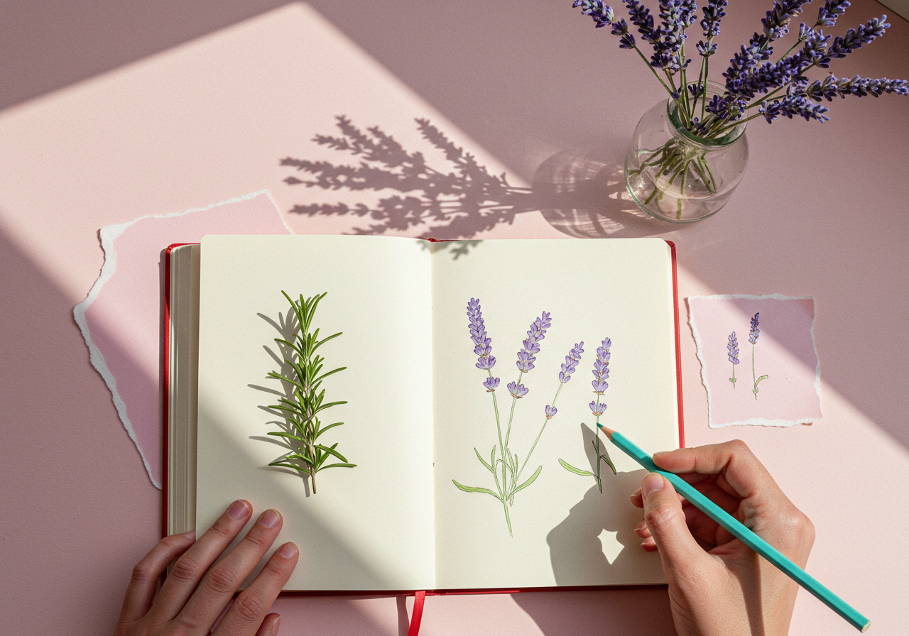 Person Drawing Botanical Herbs Lavender And Rosemary Artwork