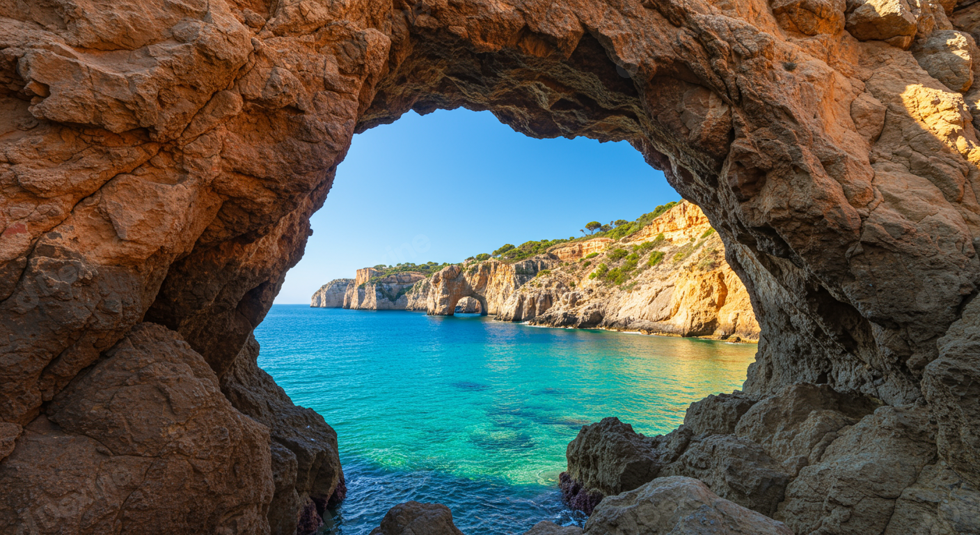 Picturesque Sea Cave Framing The Algarve Coastline