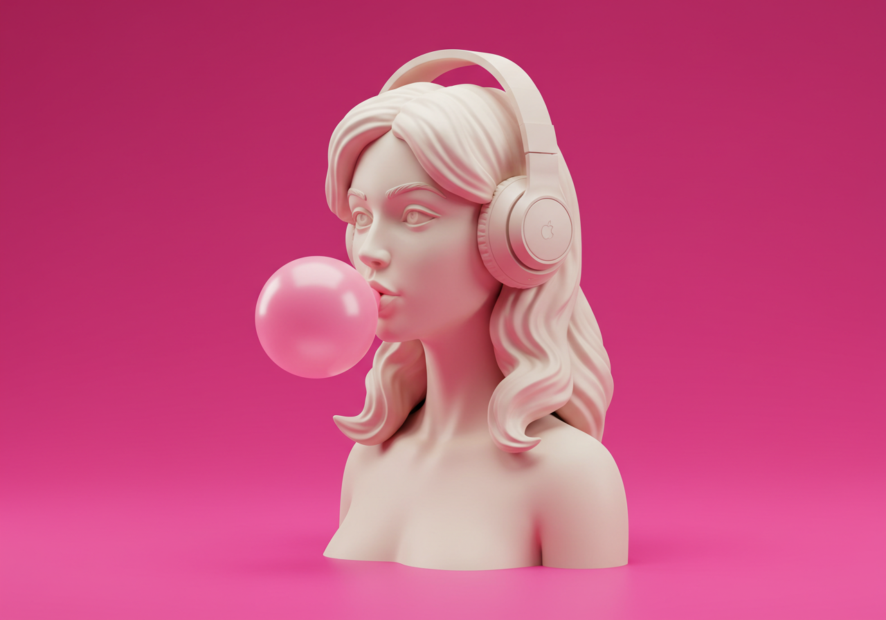 Pink Aesthetic 3D Woman Blowing Bubble Gum Wearing Headphones