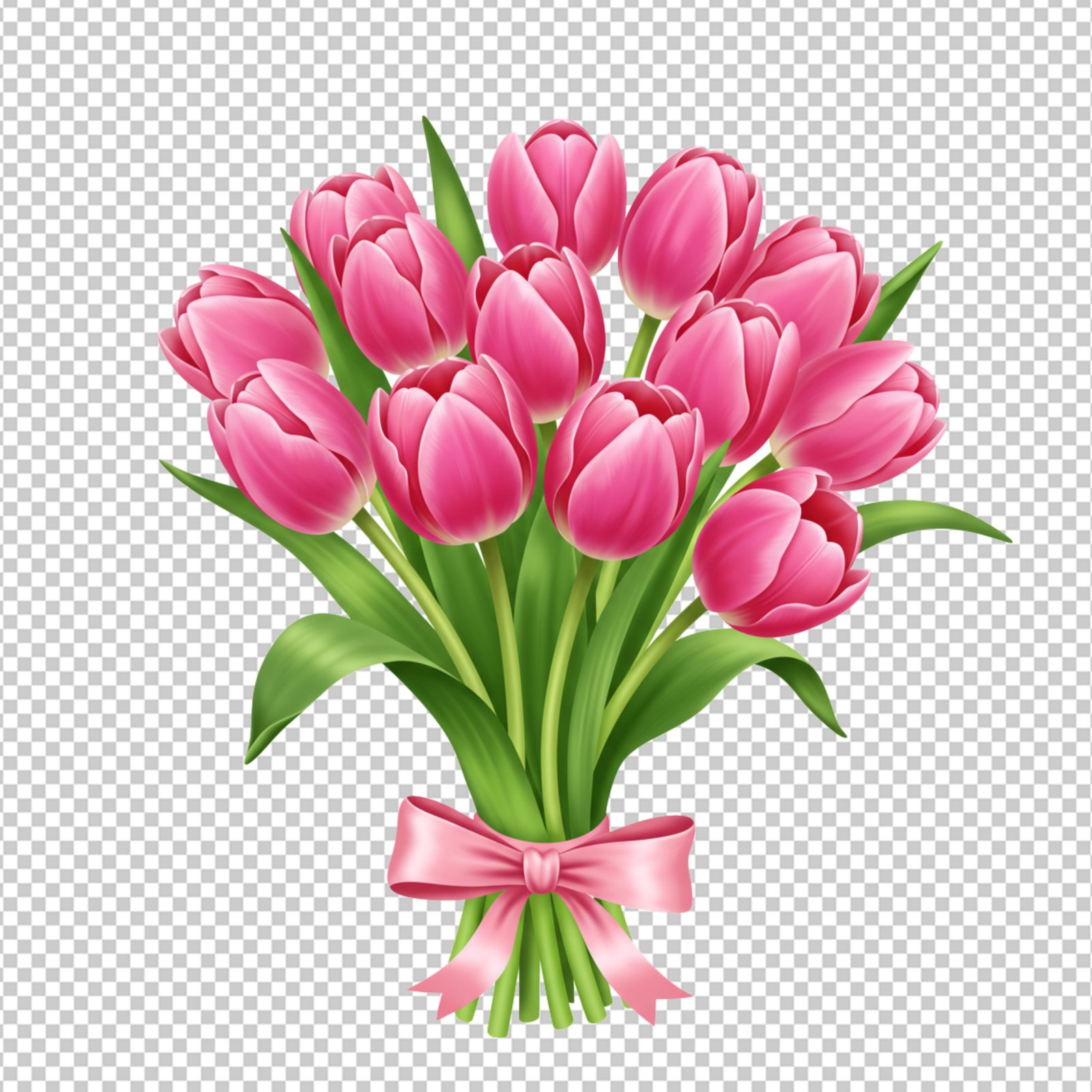 Pink Tulips Bouquet With Ribbon Isolated On Transparent Background