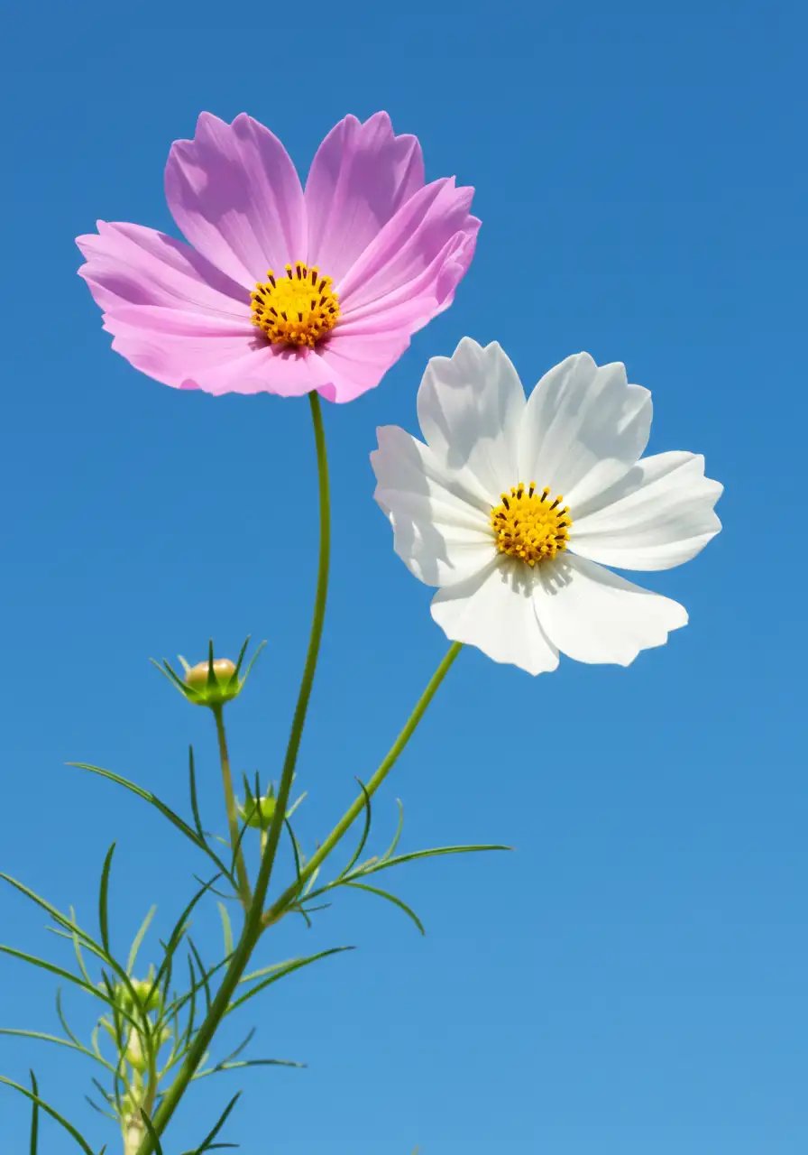 Pink And White Cosmos Flowers Against A Blue Sky 771389