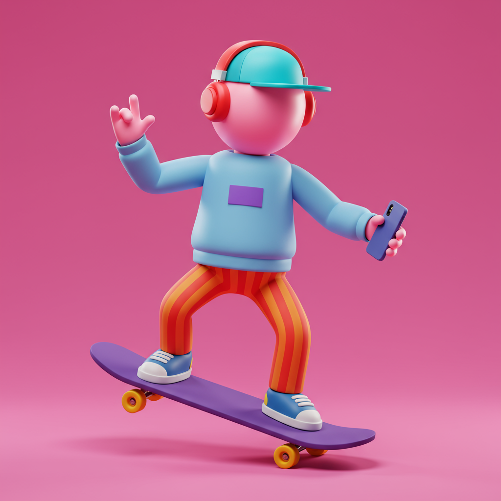 Playful 3D Cartoon Character Skateboarding With Headphones And Smartphone