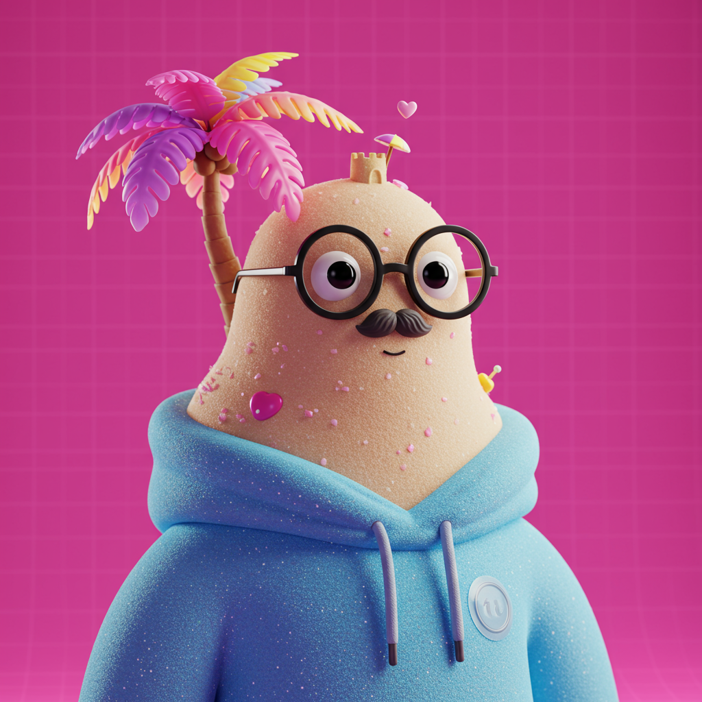 Playful 3D Cartoon Character With Palm Tree And Sandcastle Head