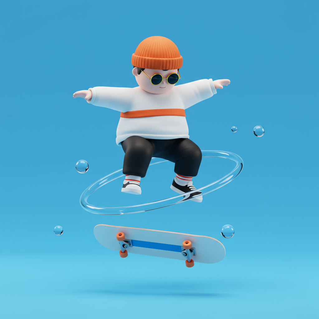 Playful 3D Cartoon Skater Jumping With Skateboard And Bubbles