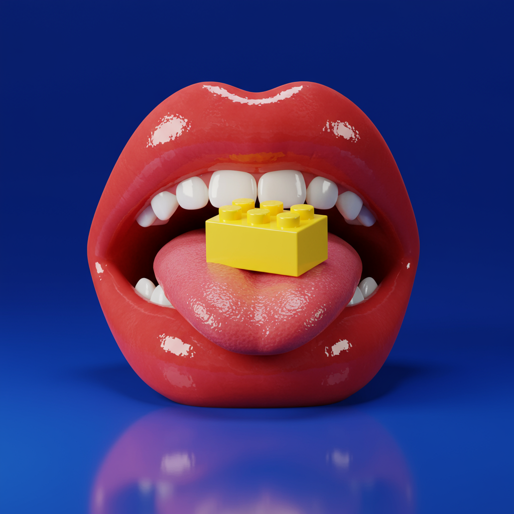 Playful 3D Render Red Lips With Yellow Building Block