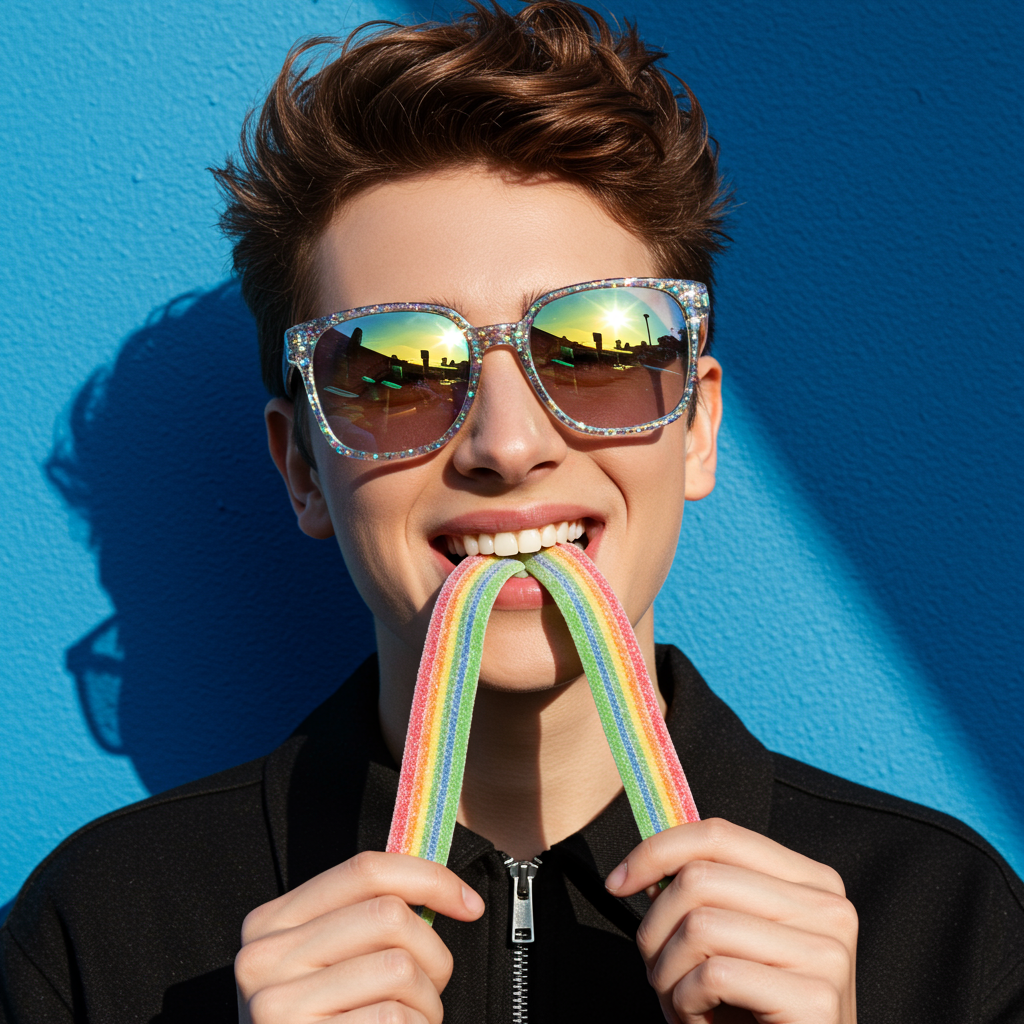 Playful Portrait Of Young Person With Rainbow Candy And Glitter Sunglasses