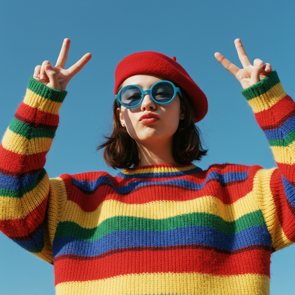 Playful Young Woman In Retro Rainbow Fashion Posing With Peace Sign