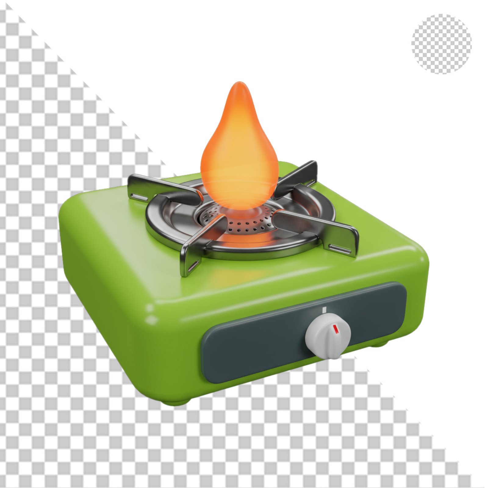 Portable Green Gas Stove With Burning Flame On Transparent Background