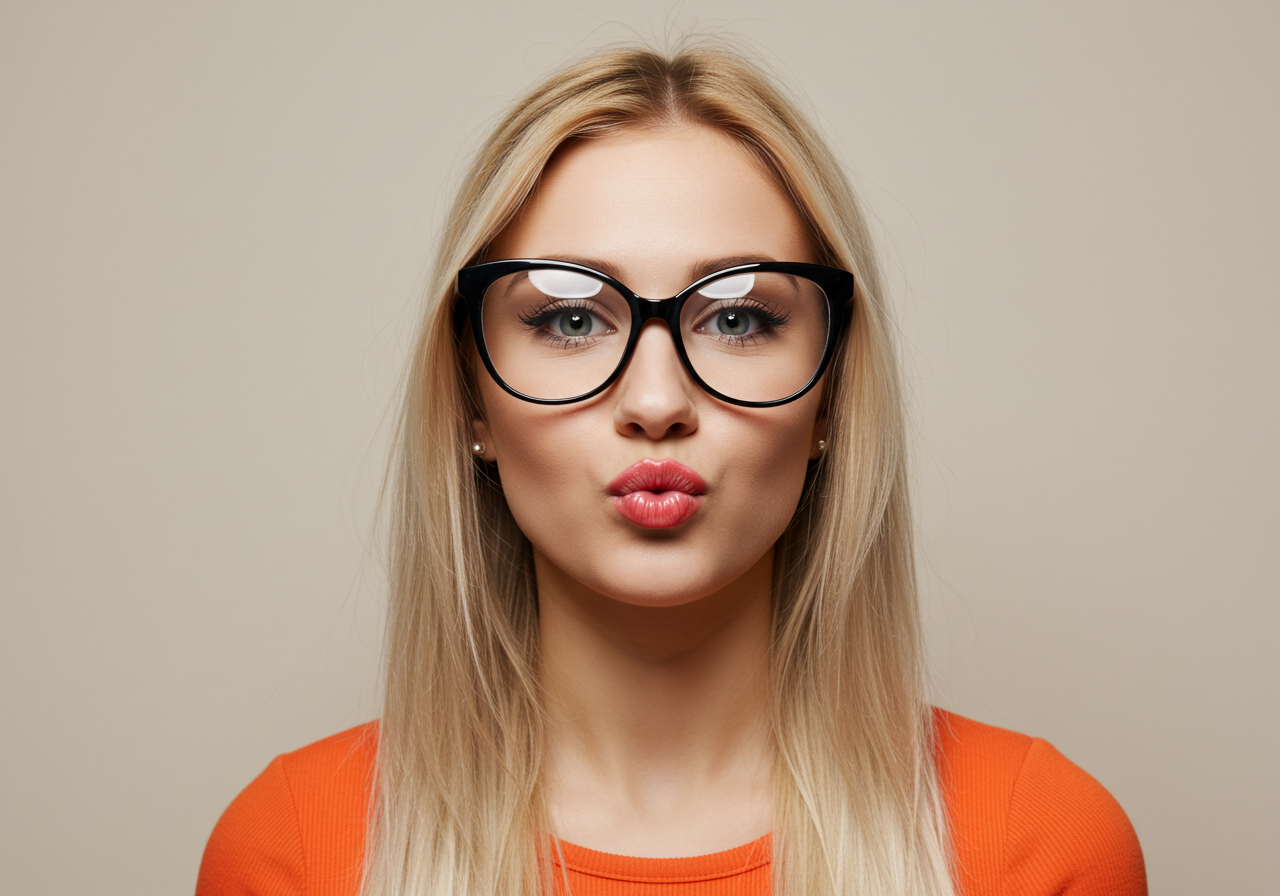 Portrait Of Beautiful Blonde Woman In Eyeglasses Blowing A Kiss