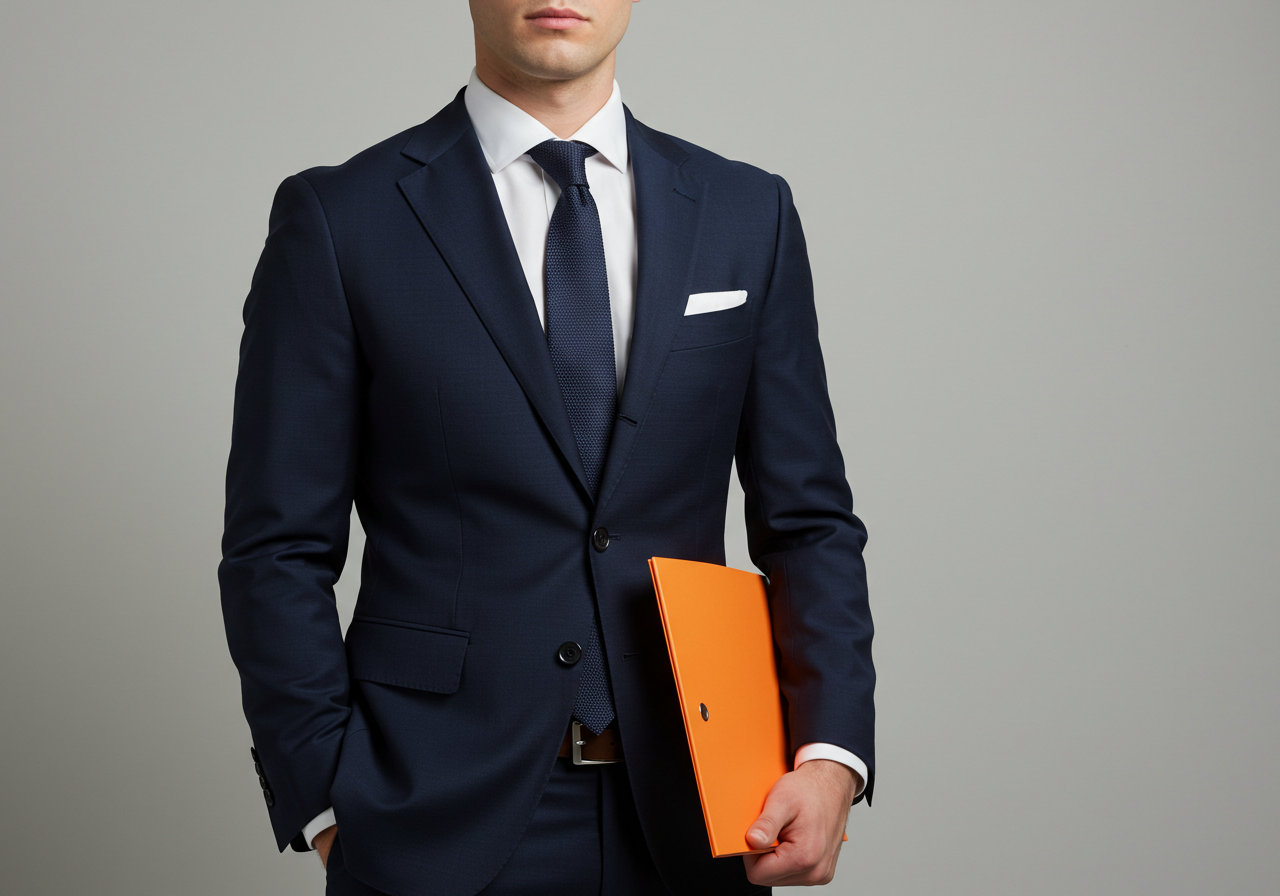 Professional Businessman In Navy Suit Holding Orange Folder