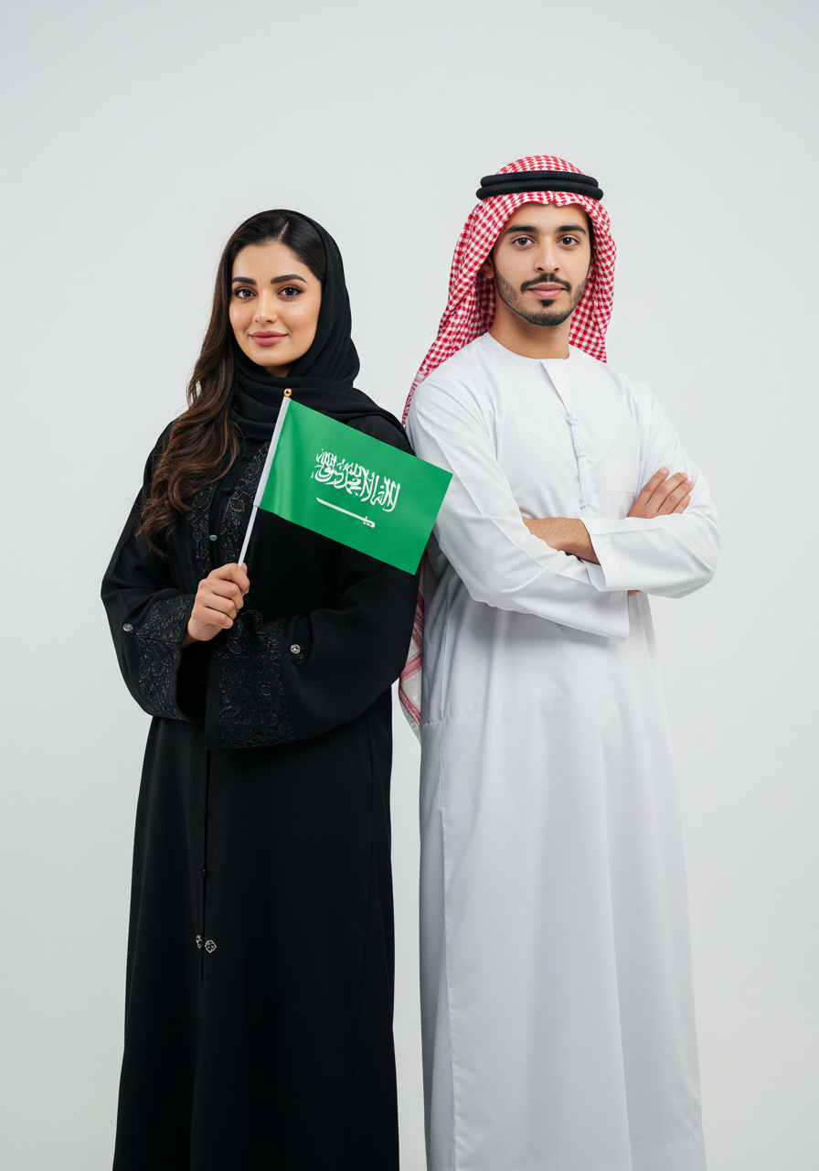 Proud Saudi Arabian Man And Woman With Flag Celebrating National Identity