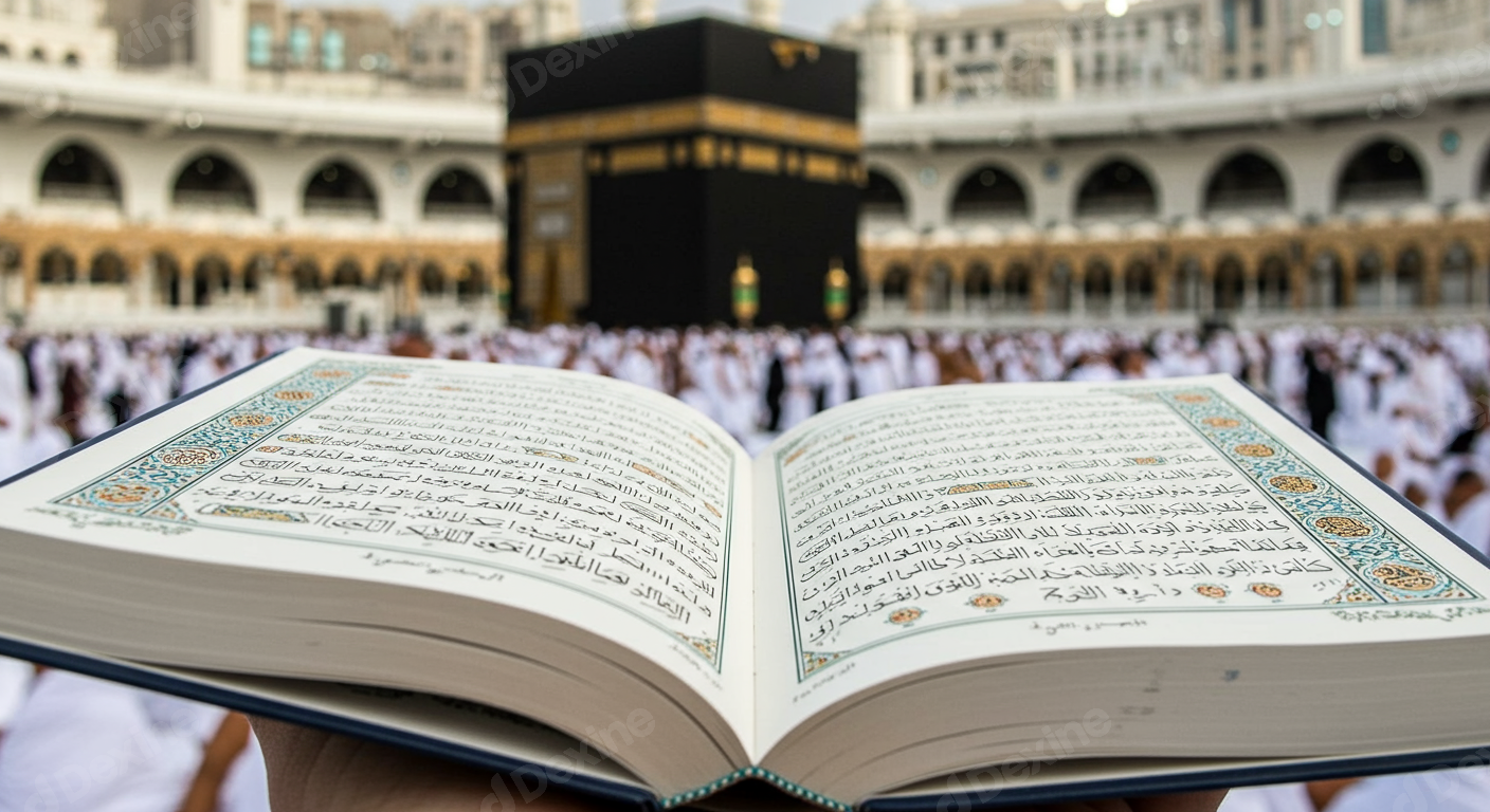Reading Holy Quran At Masjid Al Haram With Kaaba And Worshipers