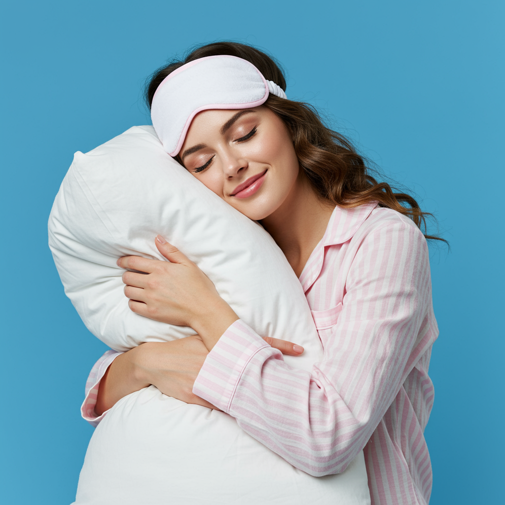 Relaxed Young Woman In Pajamas Hugging Pillow With Sleep Mask