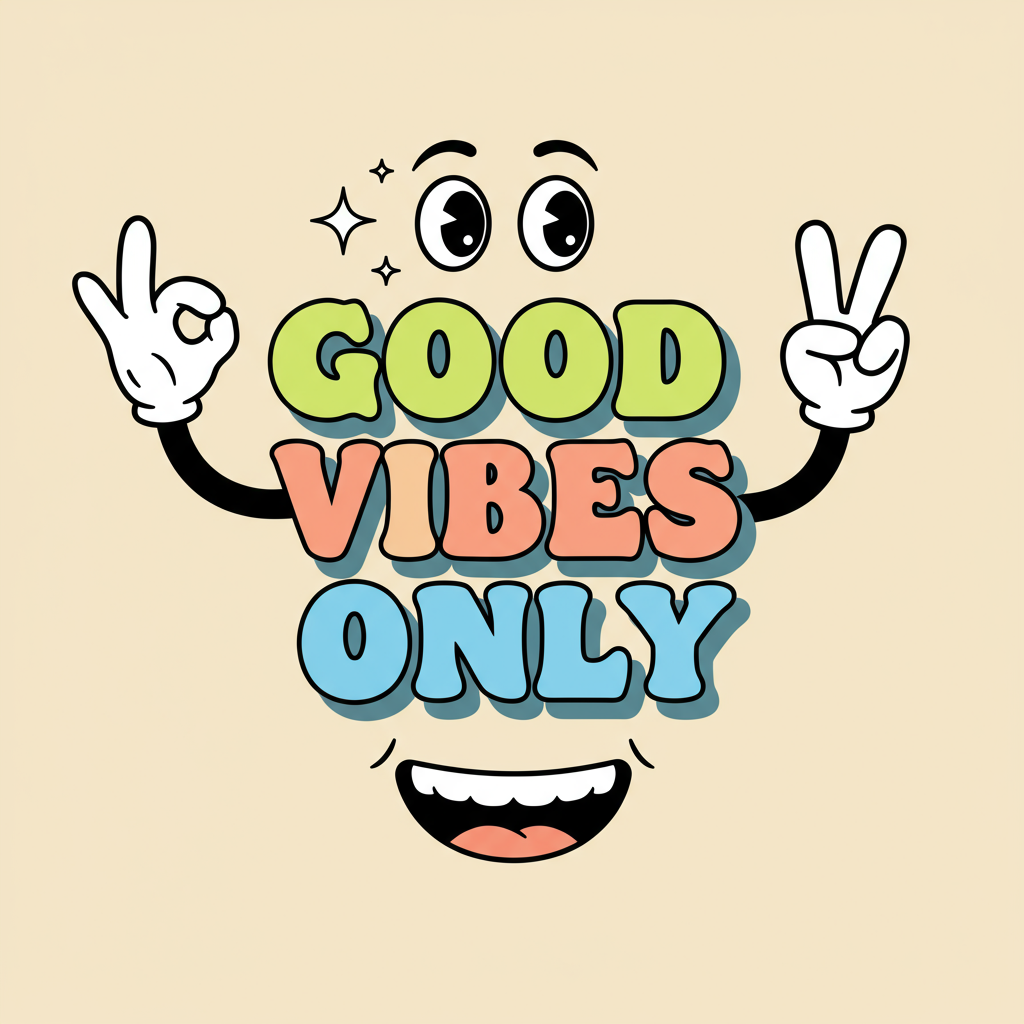 Retro Cartoon Good Vibes Only Quote Illustration