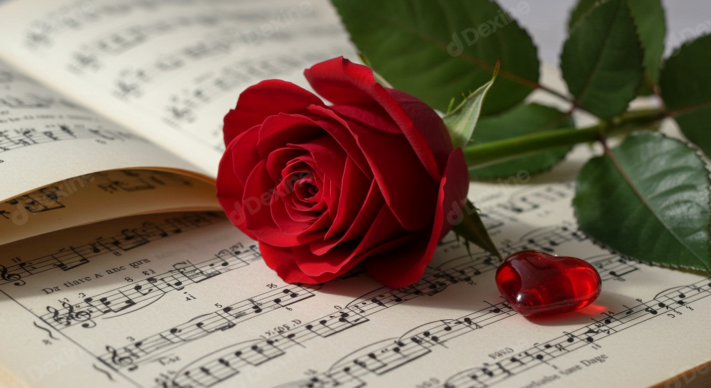 Romantic Red Rose Music Sheet And Heart Still Life