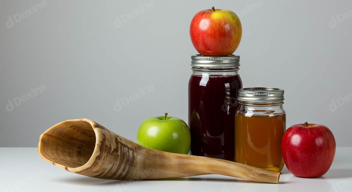 Rosh Hashanah Symbols Shofar Apples And Honey For Jewish New Year