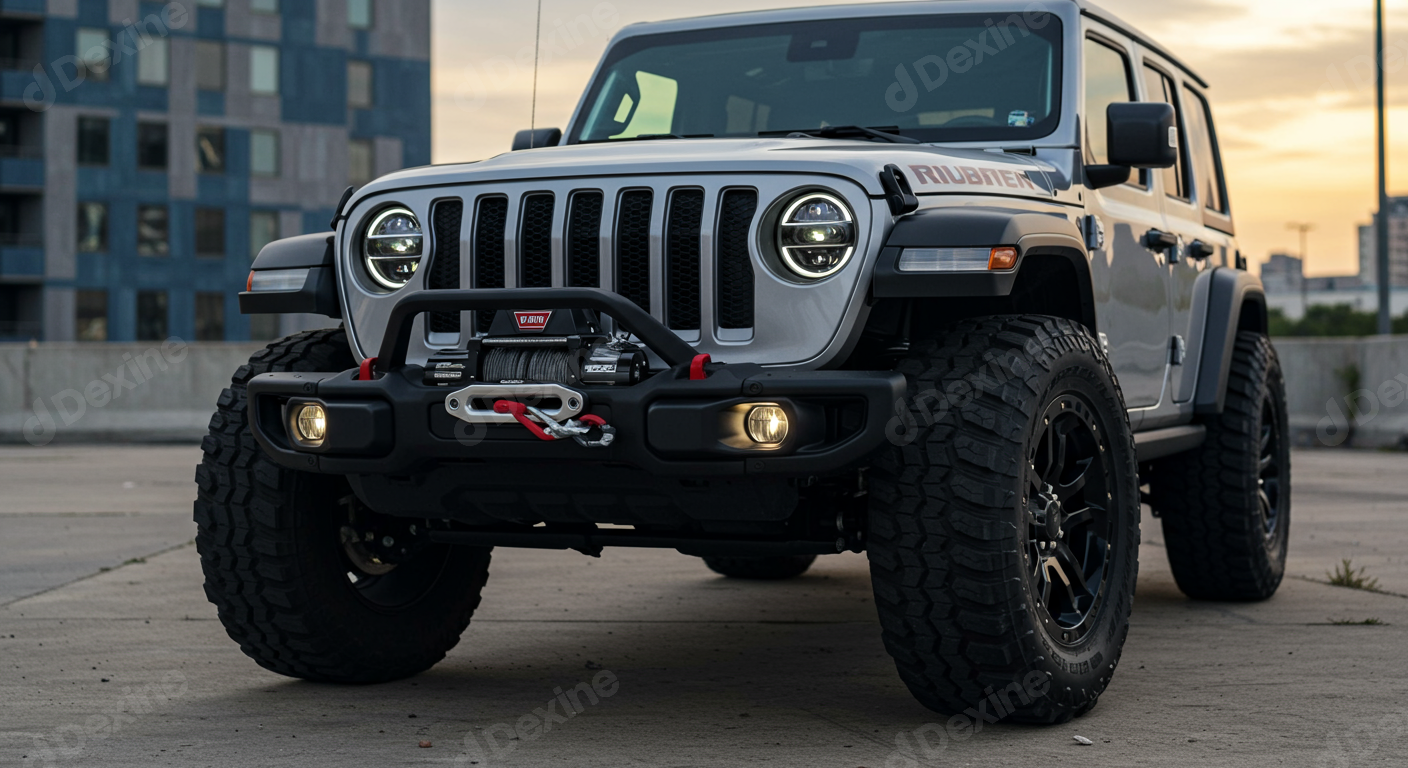 Rugged Jeep Wrangler Rubicon With Off Road Tires In Urban Setting