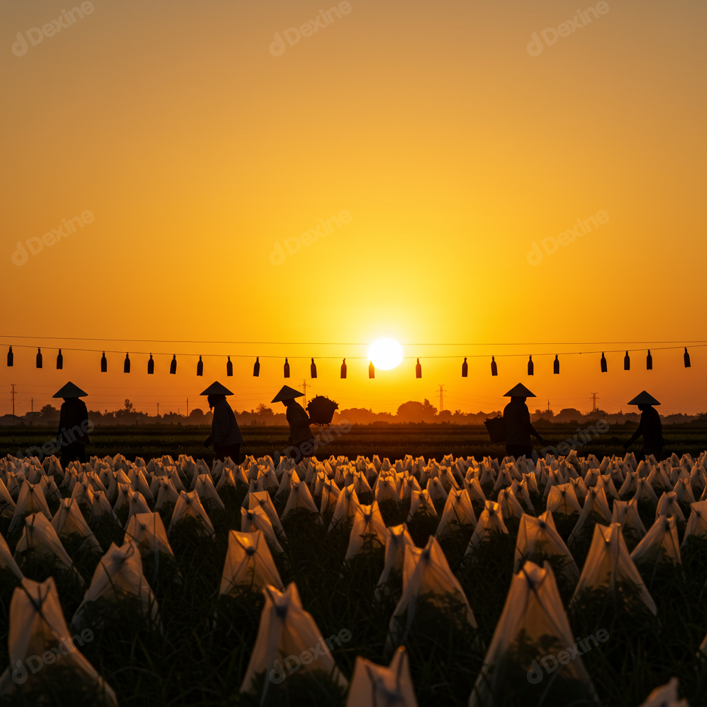 Rural Farming Silhouette At Golden Sunset With Traditional Hats