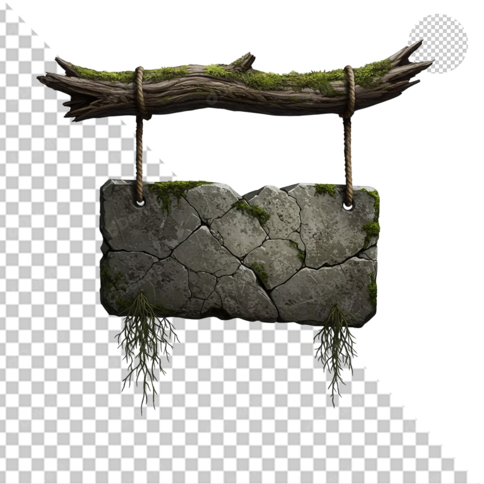 Rustic Cracked Stone Sign Hanging From Mossy Branch Isolated Transparent PNG