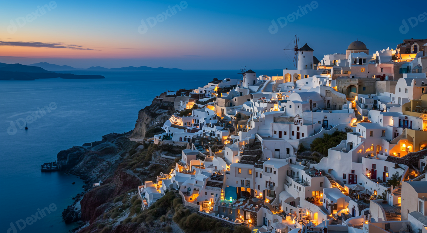 Santorini Oia Sunset Panorama Whitewashed Village Lights On Aegean Sea