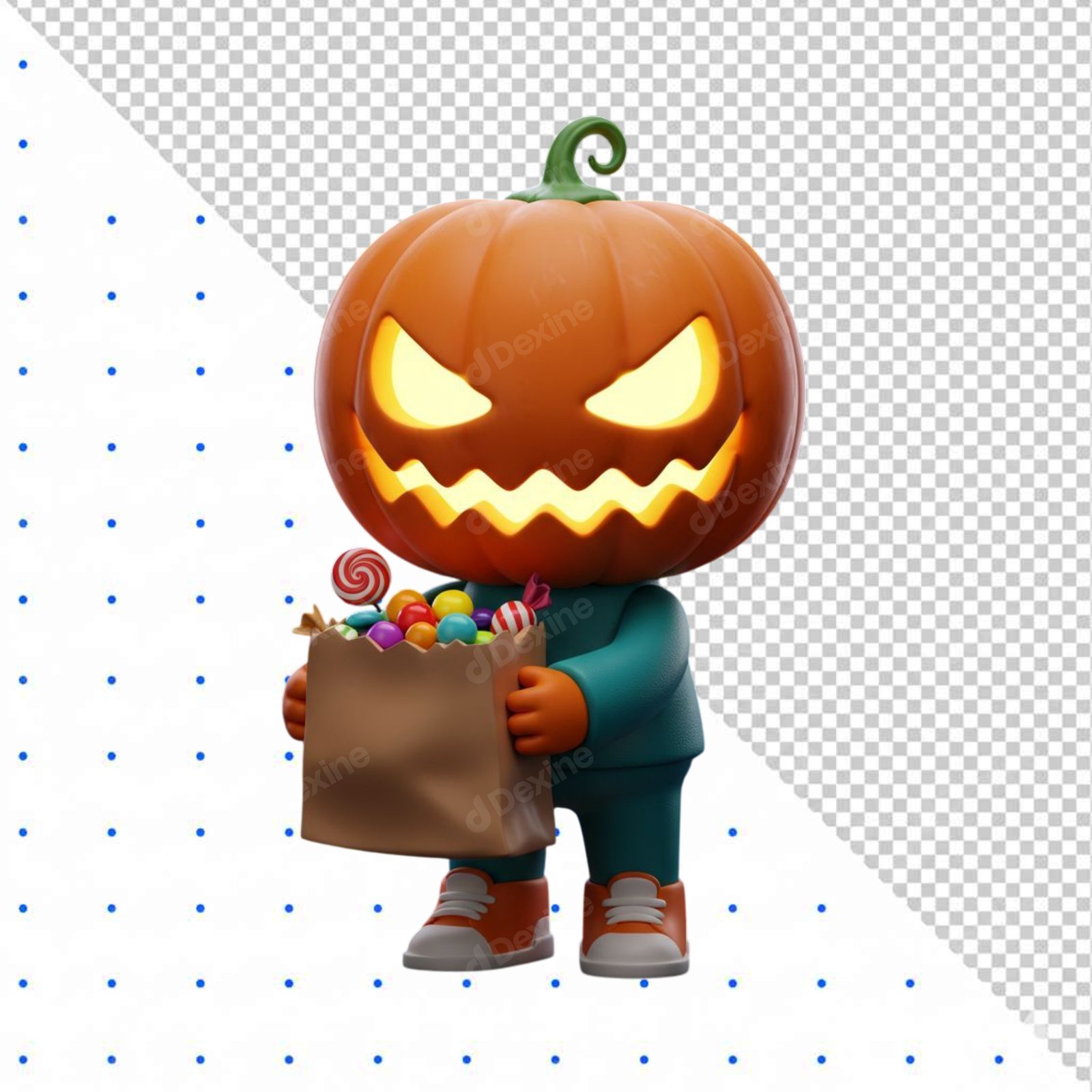 Scary 3D Pumpkin Character Holding Halloween Trick Or Treat Candy Bag