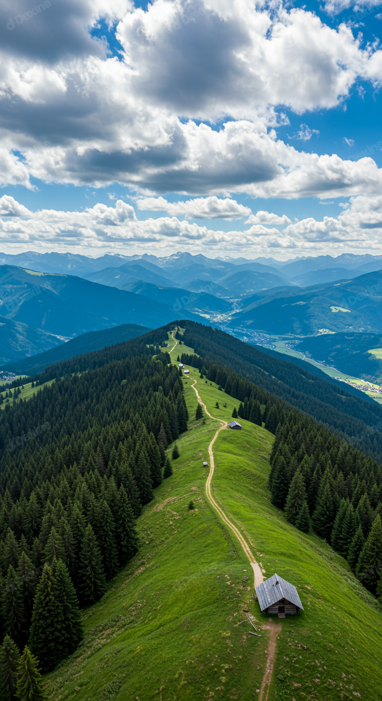 Scenic Aerial View Of Winding Mountain Path With Alpine Huts