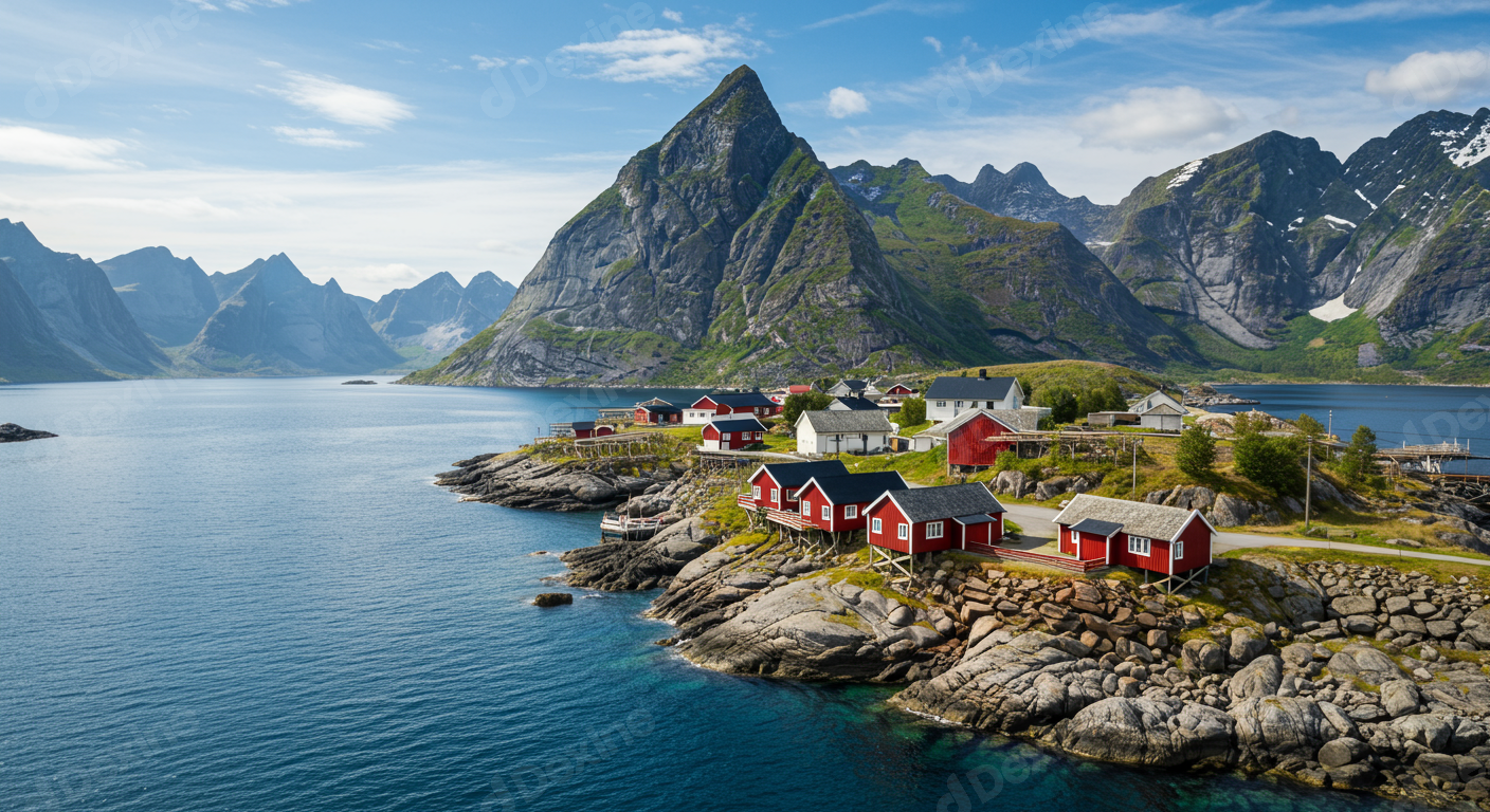 Scenic Fishing Village In Lofoten Norway With Majestic Mountains And Fjord