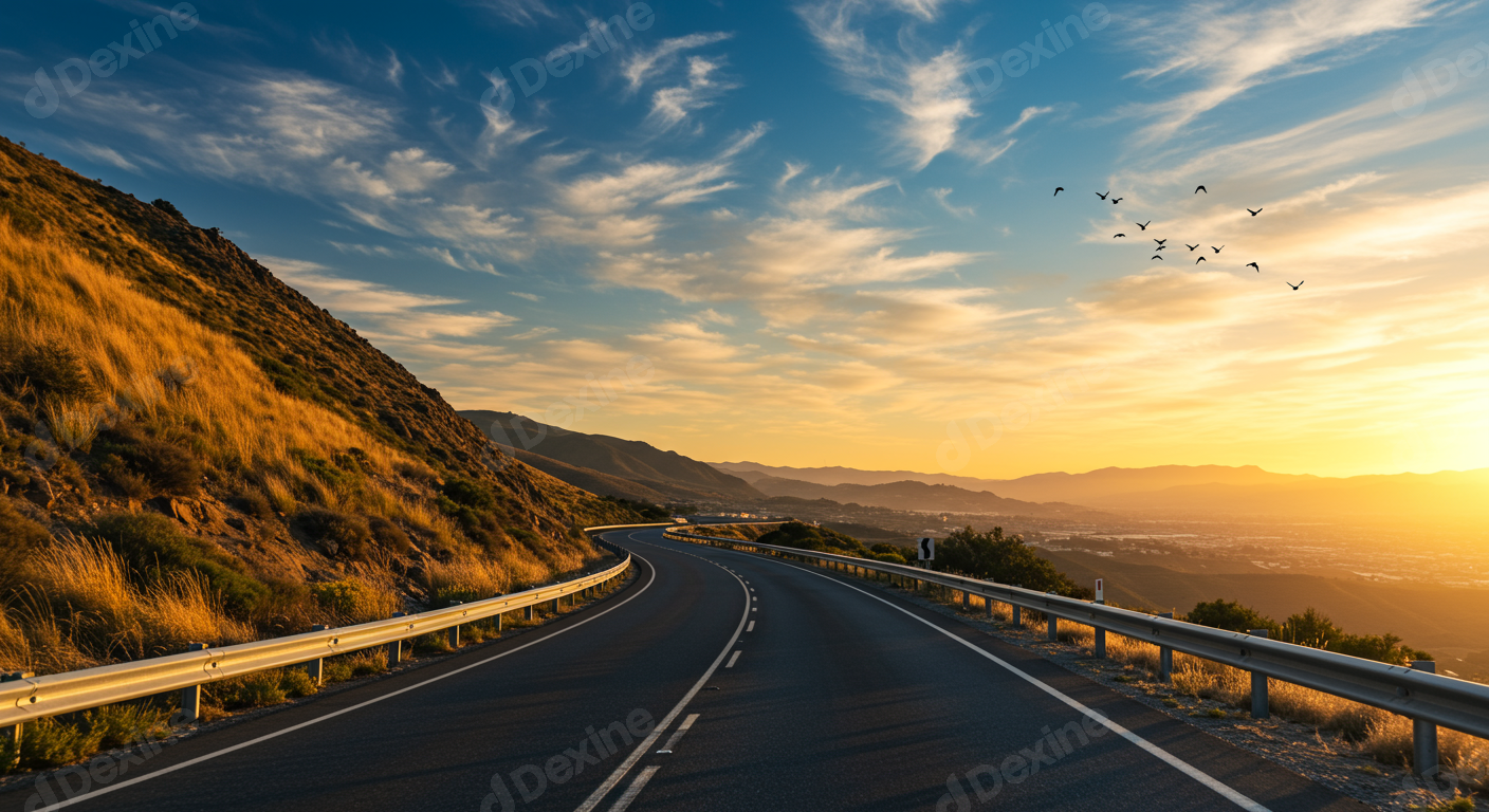 Scenic Winding Mountain Road At Golden Sunset With Birds Flying
