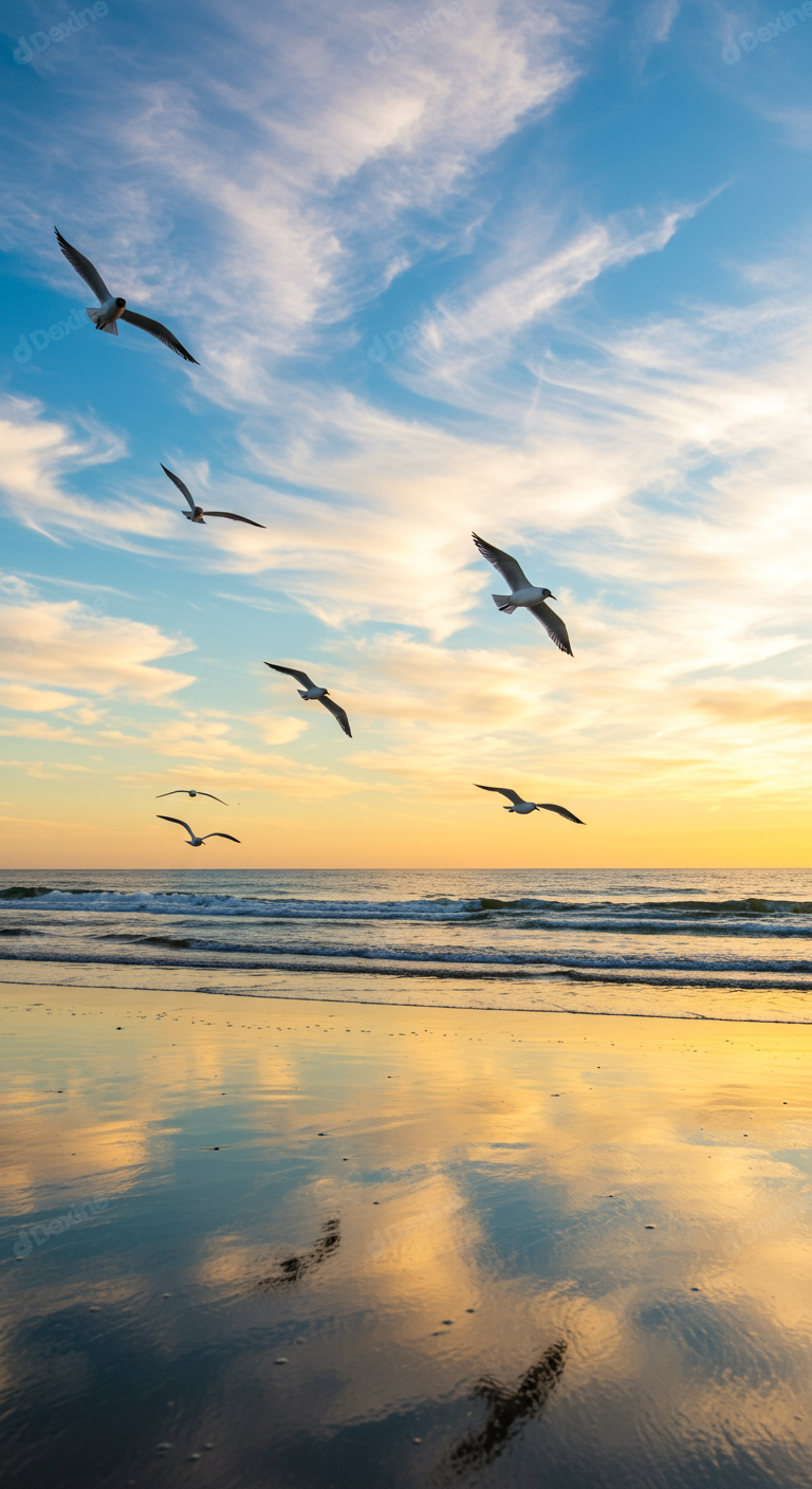 Seagulls Flying Over Serene Beach At Golden Hour Sunset With Reflections