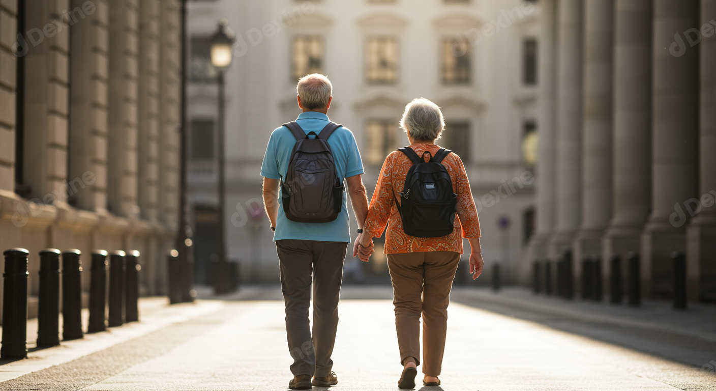 Senior Couple Walking Hand In Hand On A Sunny City Street