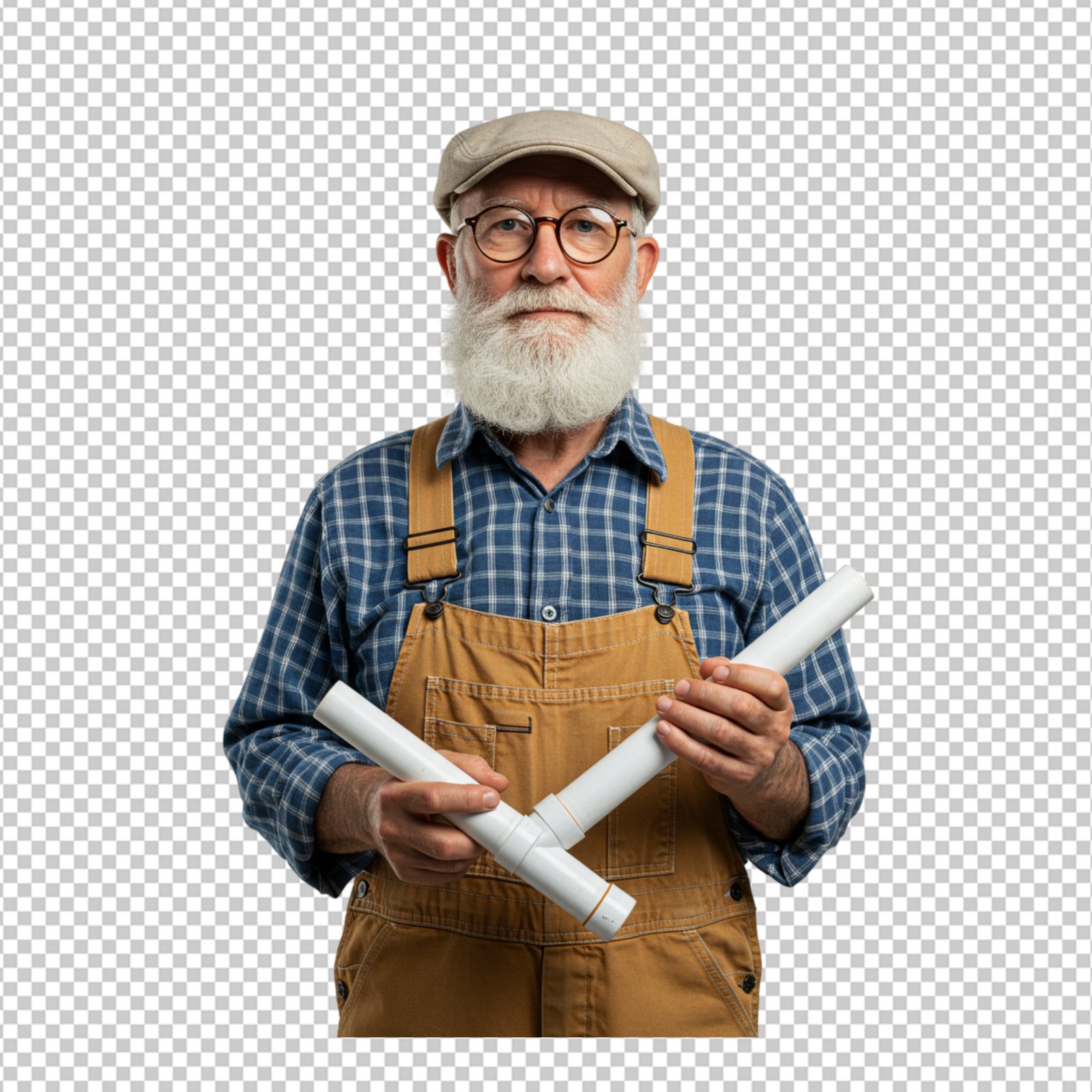Senior Plumber Handyman Holding PVC Pipes Transparent PNG Cutout