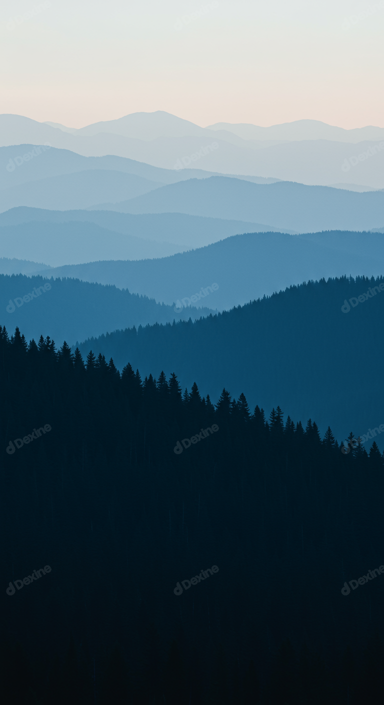 Serene Layered Blue Mountains With Pine Forest Horizon