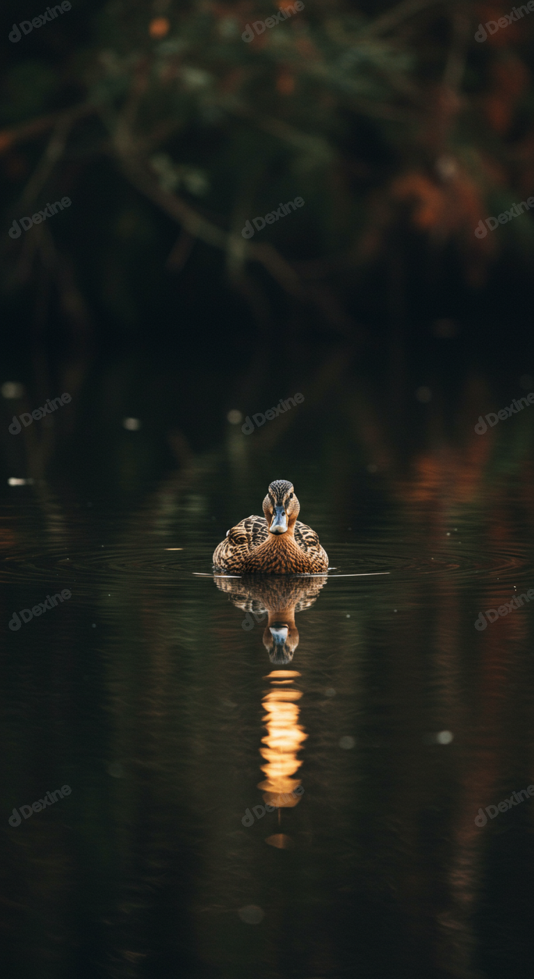 Serene Mallard Duck Swimming With Beautiful Reflection In Dark Water