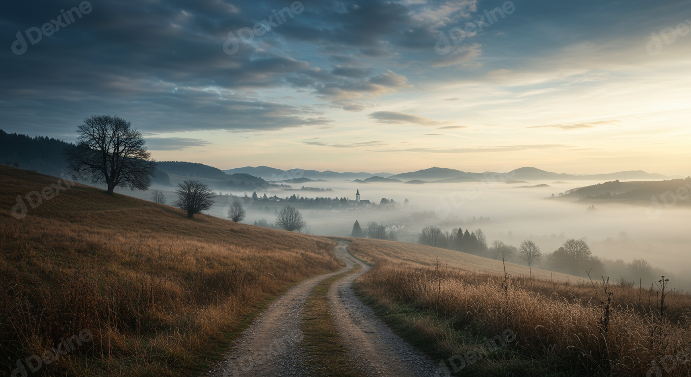 Serene Winding Road Through Misty Rural Valley At Golden Hour