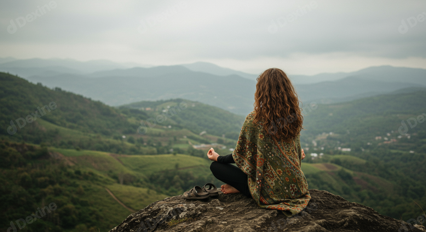 Serene Woman Meditating On Mountain Top With Panoramic Nature View