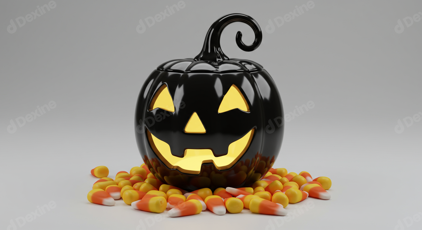 Shiny Black Halloween Jack O Lantern With Glowing Face And Candy Corn