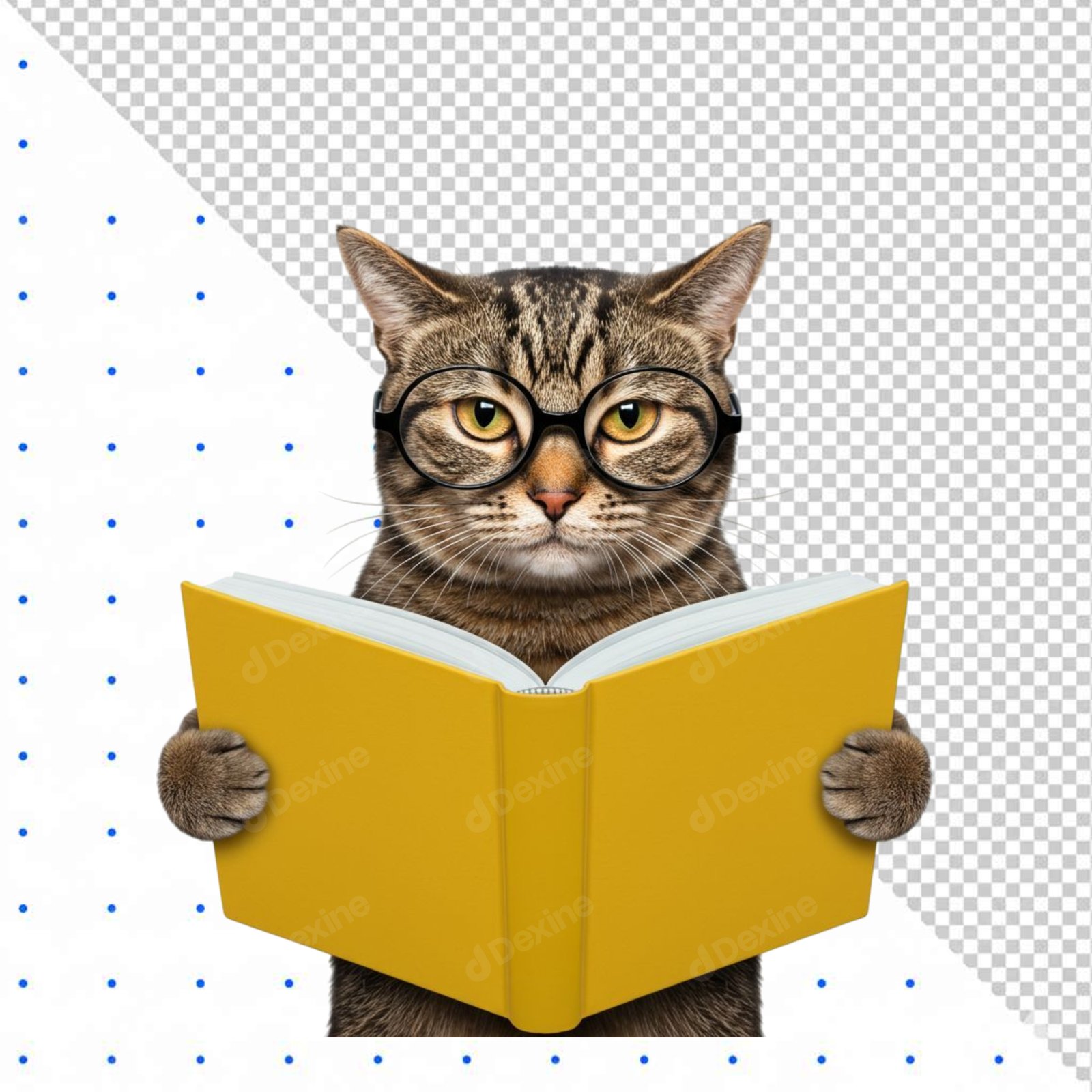 Smart Tabby Cat Wearing Glasses Reading Book Transparent PNG Cutout