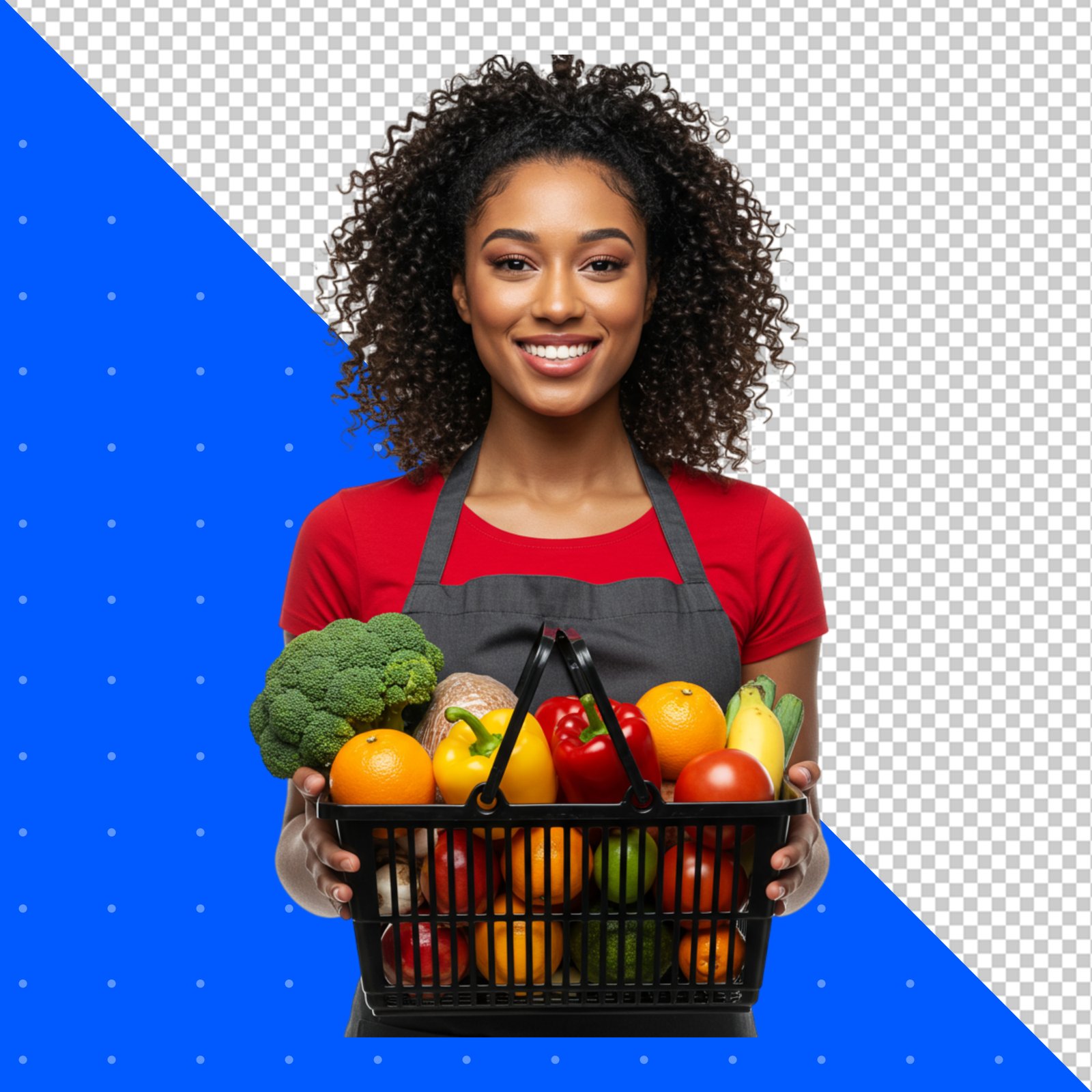Smiling African American Woman Holding Groceries Basket Transparent Background PNG