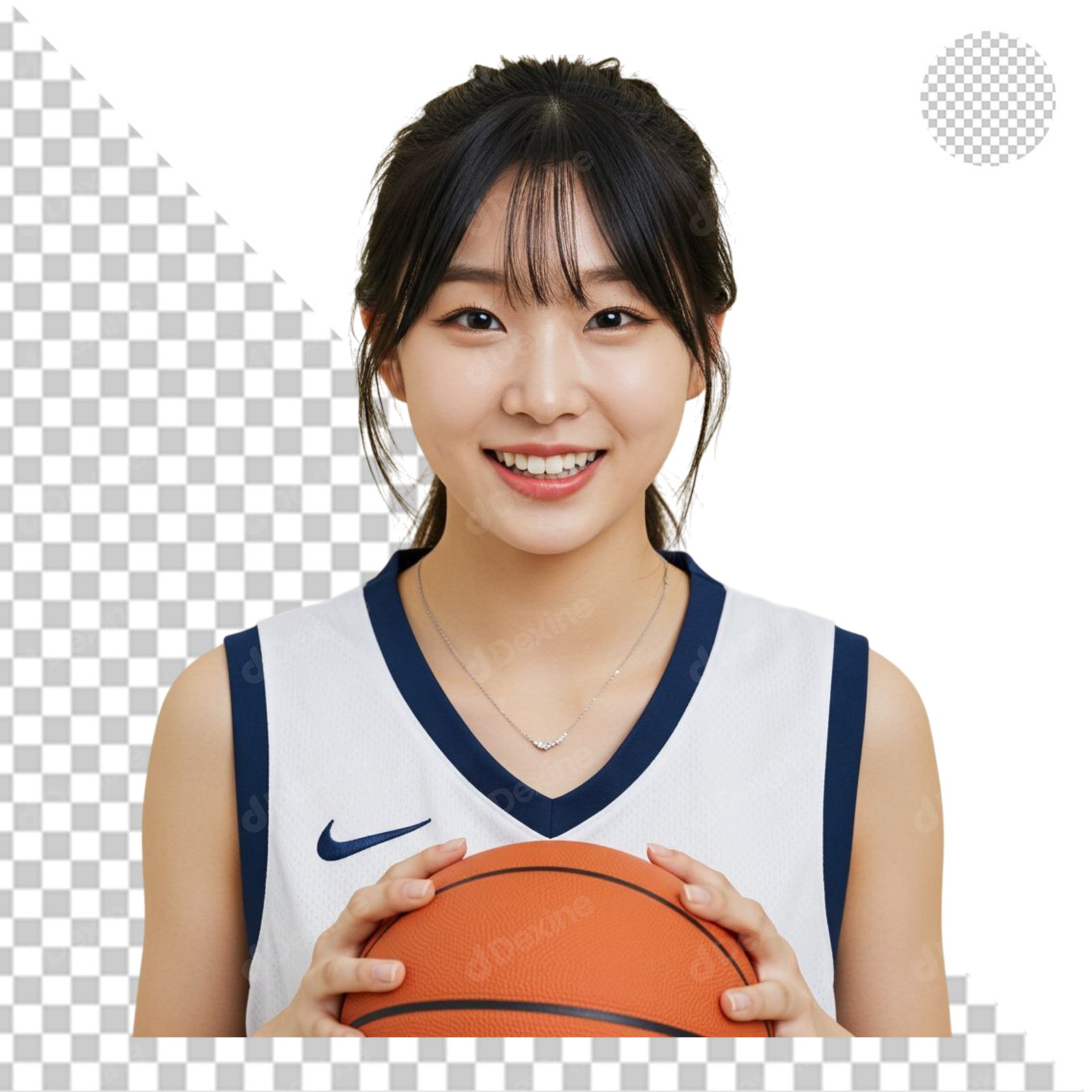 Smiling Asian Female Basketball Player Holding Ball Isolated Transparent PNG