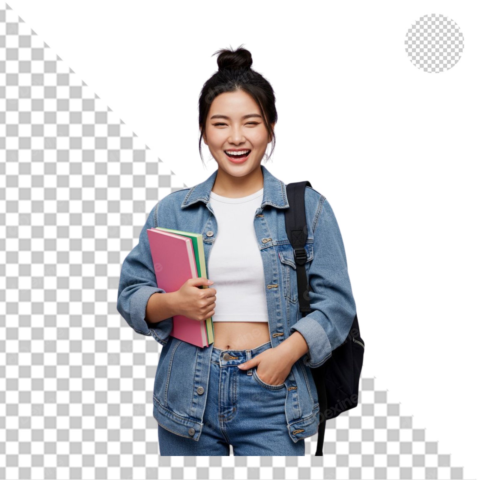 Smiling Asian Student Girl With Books And Backpack Transparent Background Cutout