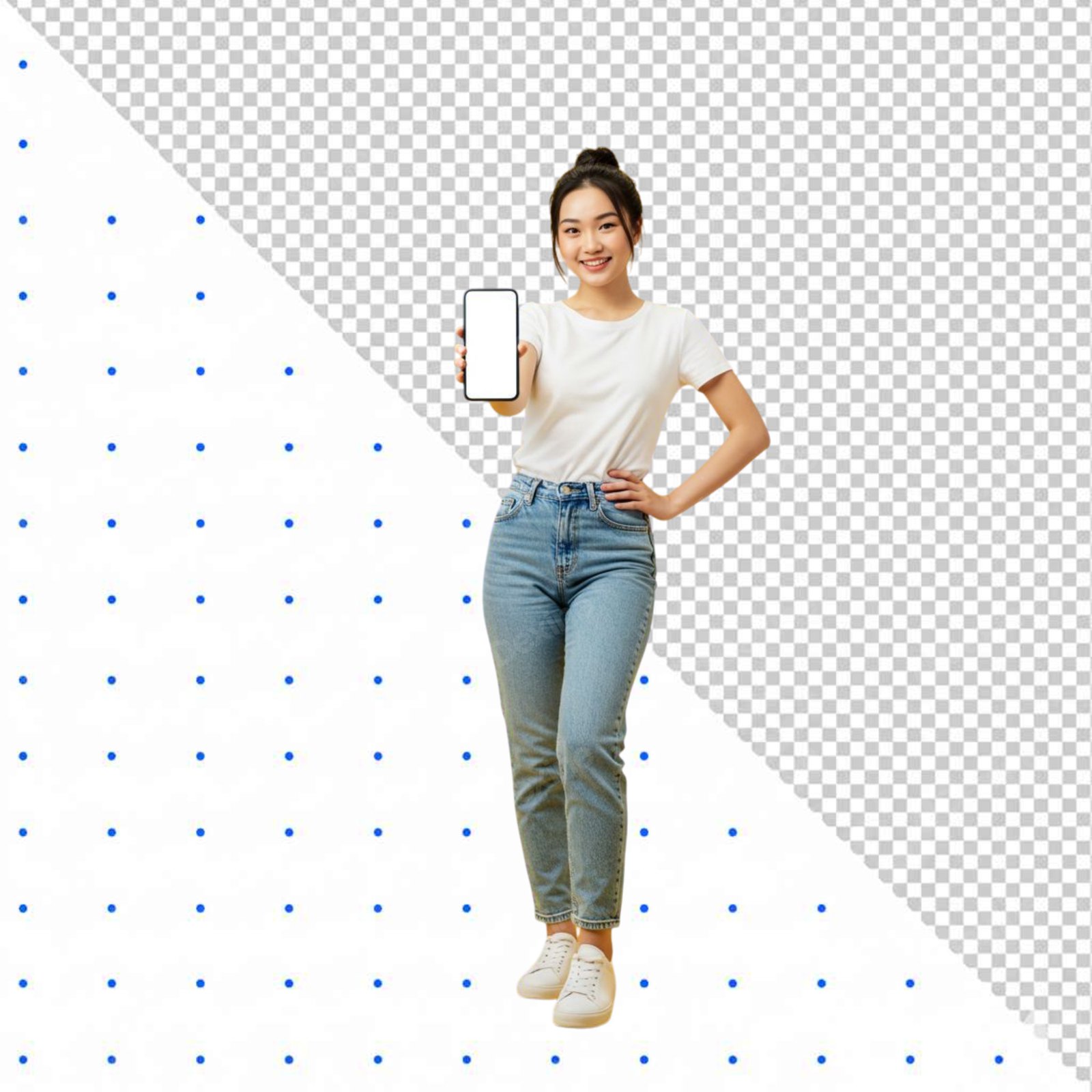 Smiling Asian Woman Holding Blank Smartphone With Transparent Background