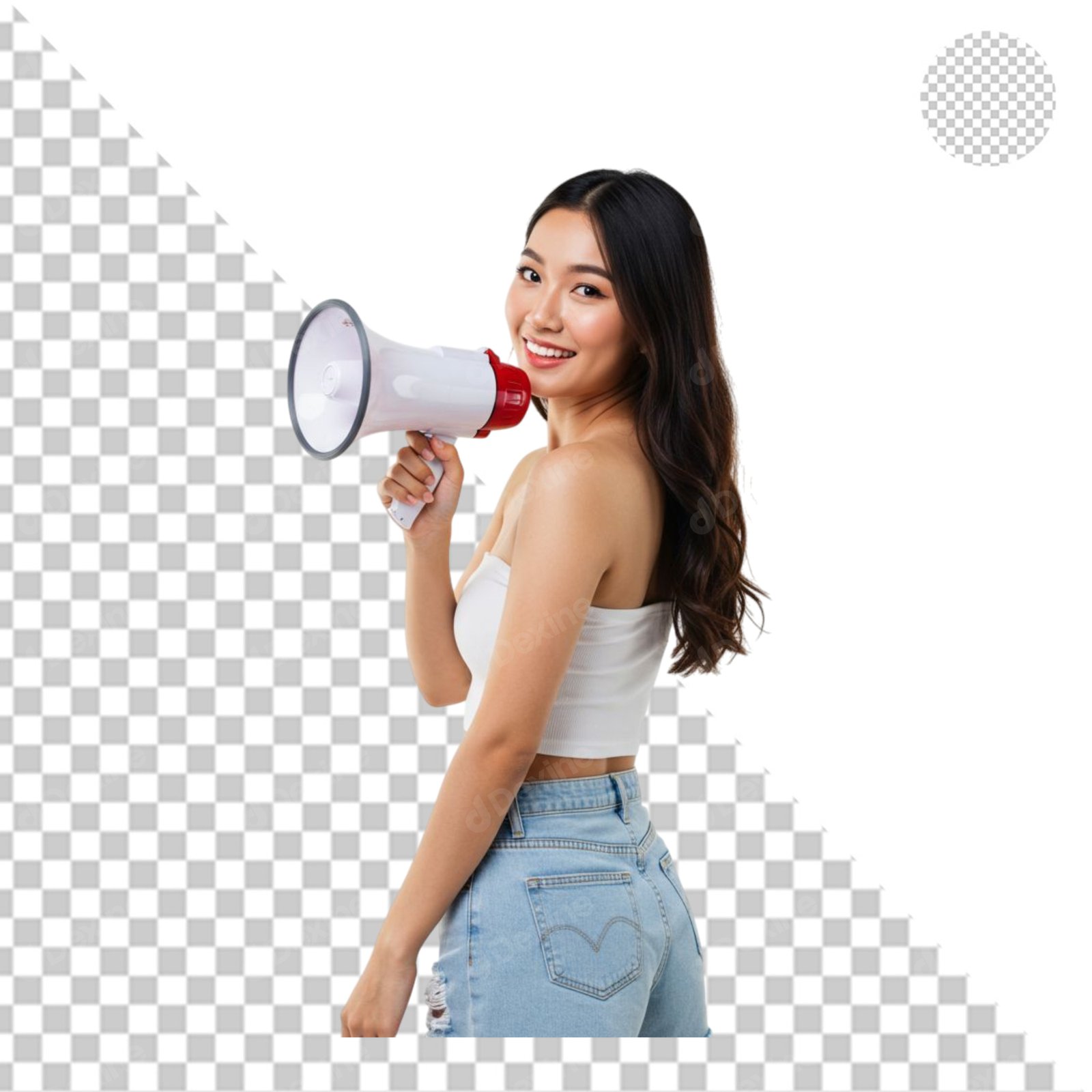 Smiling Asian Woman Holding Megaphone Looking Back Transparent PNG