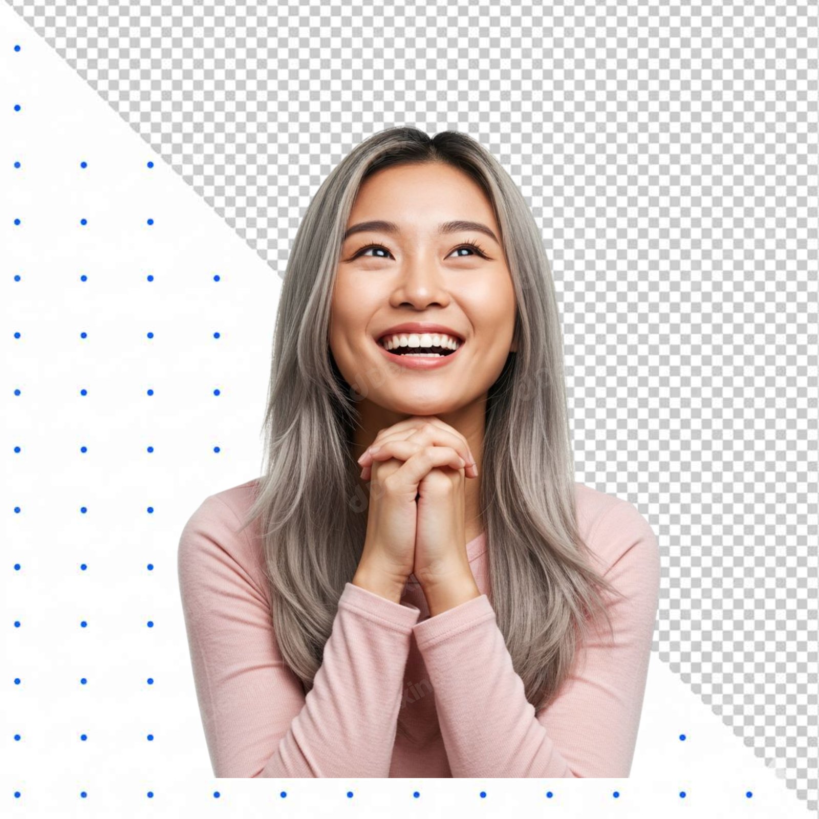 Smiling Asian Woman Looking Up With Clasped Hands Transparent PNG