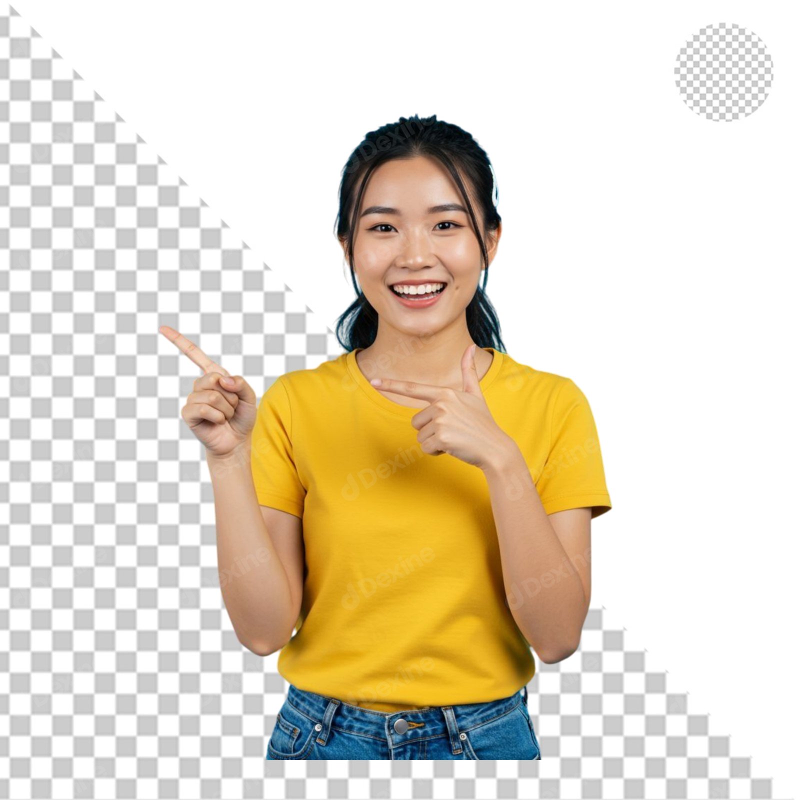Smiling Asian Woman Pointing Directions With Both Hands Transparent PNG