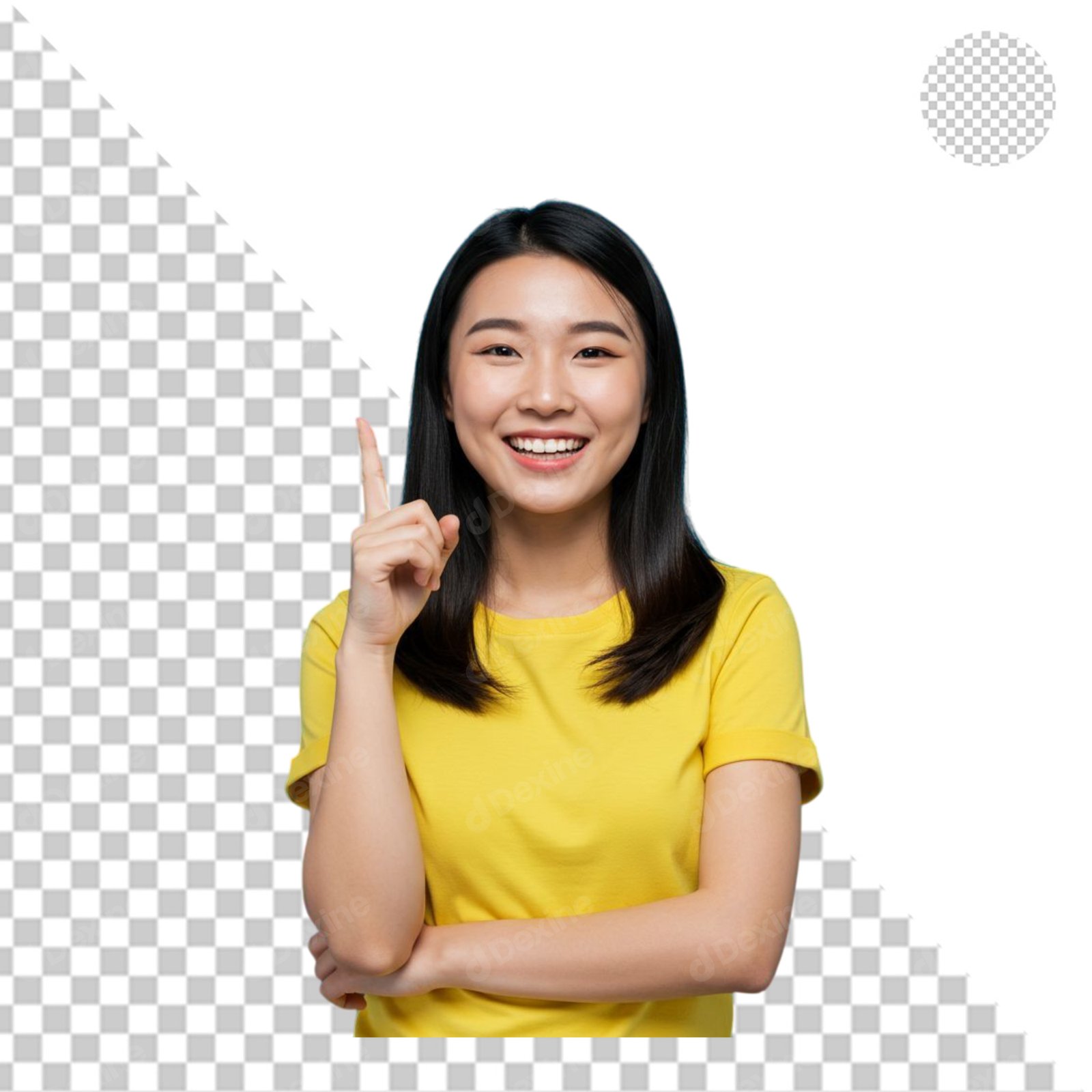 Smiling Asian Woman Pointing Upwards Transparent PNG Cutout For Design
